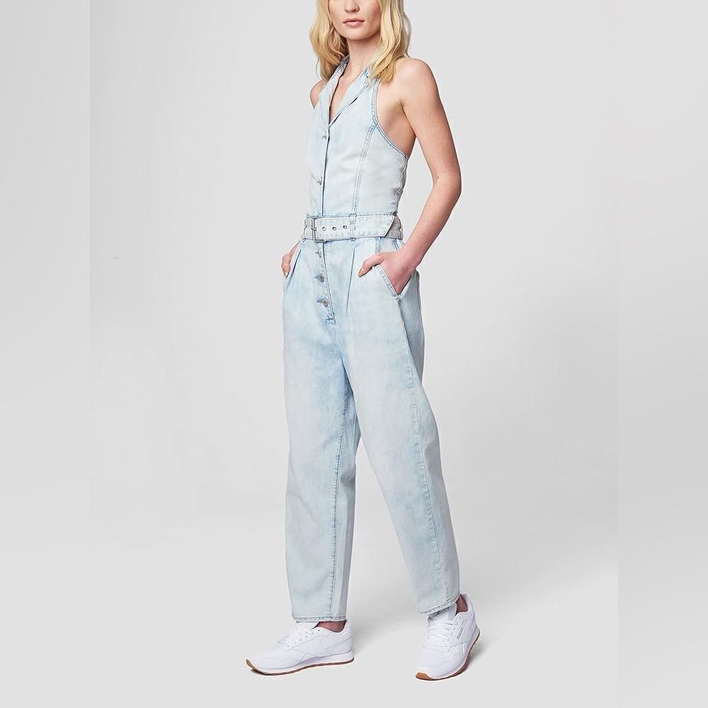 NWT BLANKNYC Luxury Denim Halter Neck Jumpsuit With Belt size small
